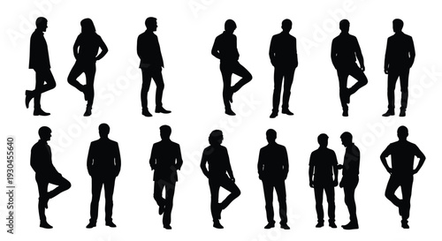 Collection of diverse black silhouettes of people posing in various standing positions and outfits