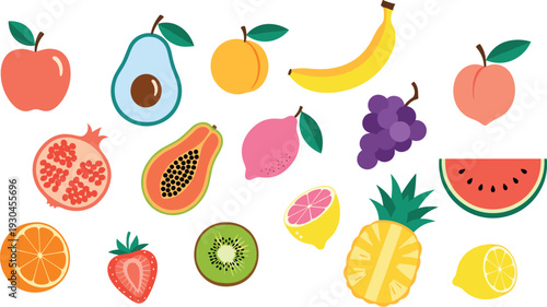 Fresh tropical fruits collection flat vector set with sliced citrus berries and exotic summer food