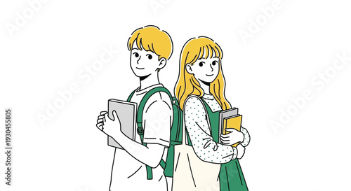 Two smiling students standing together with books and backpacks in a modern illustration