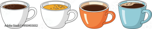 Hot coffee cups collection with different mug colors and beverages for cafe breakfast drink vector illustration set