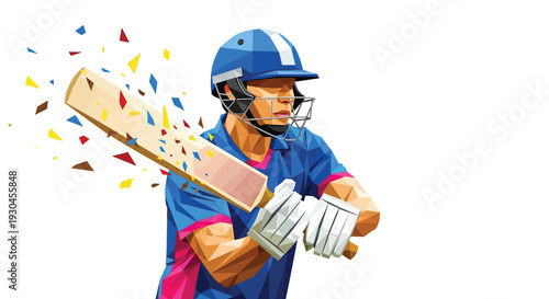 Cricket player celebrating victory with confetti and bat in dynamic vector illustration style