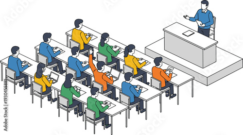 Isometric classroom training concept with teacher and students sitting at desks learning education lecture vector illustration