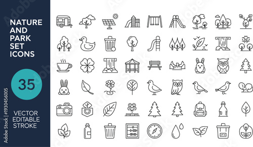 Nature and park outline icon set with trees animals playground camping picnic and eco environment editable stroke vector