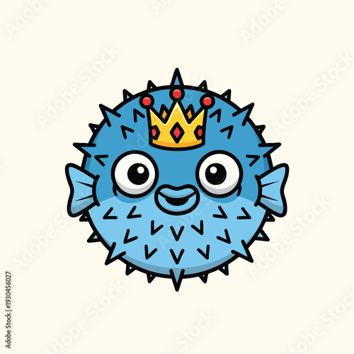 Cartoon-style pufferfish. It's round and blue with large eyes, small fins, and spikes. It wears a golden crown with red jewels