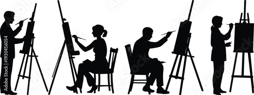 Artist painter silhouette collection creating artwork on easel, creative painting process, professional art studio activity isolated vector illustration design