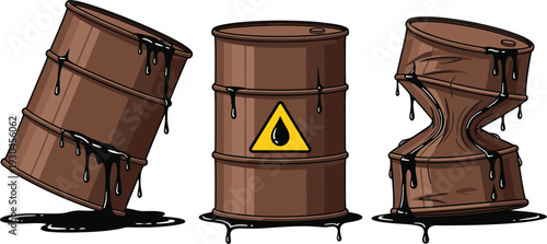 Oil barrel leaking and crushed metal drum with toxic hazard sign industrial pollution environmental danger vector illustration set