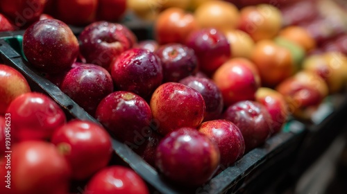 Fresh red apples in market crate vibrant harvest scene