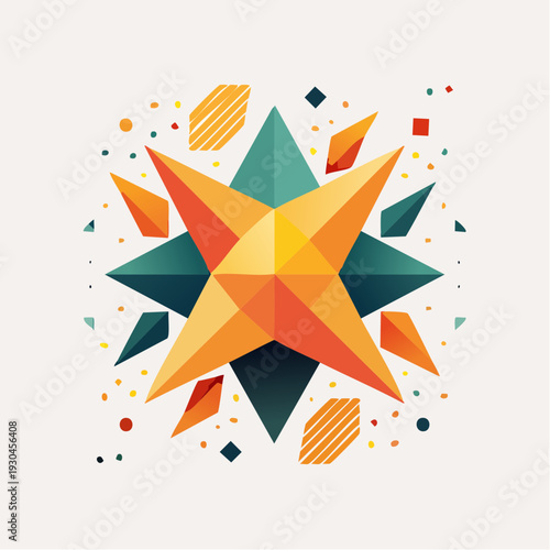 A modern flat design illustration of a sharp edged star with geometric shapes and vibrant colors in a digital art style.