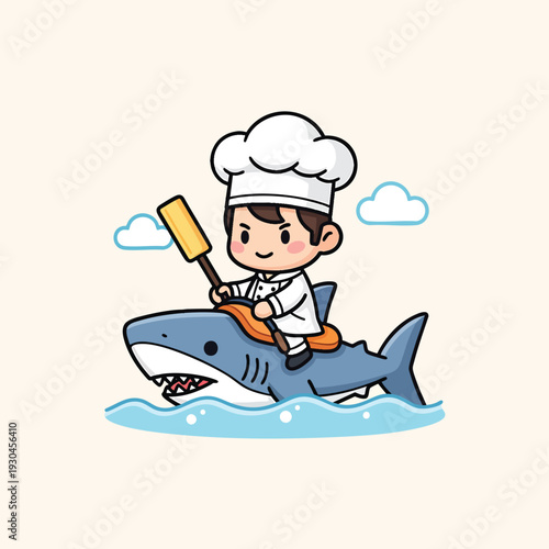 A cartoon chef rides a shark, holding a paddle. The scene includes stylized water and clouds on a light beige backdrop