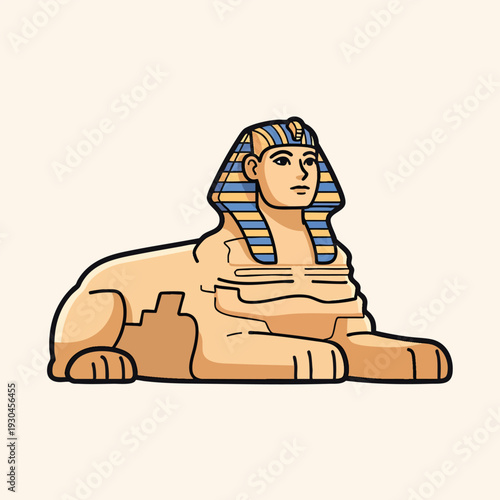 A stylized illustration depicting an ancient Egyptian sphinx in a cartoonish design. The lion-bodied creature poses stoically. Colors include tan, blue, and black outlines