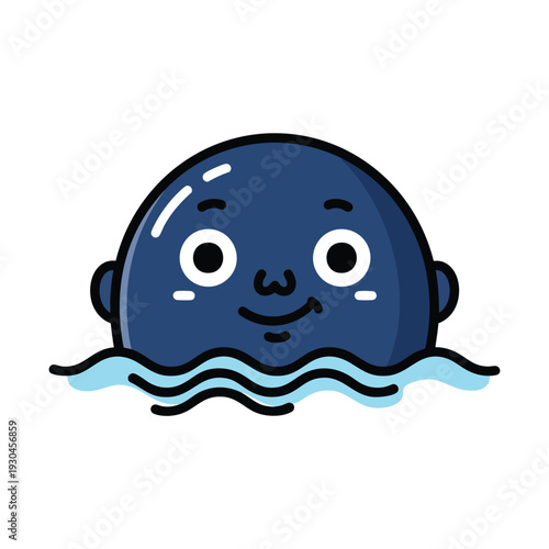 A smiling, cartoonish character with big white eyes and a small nose is swimming in wavy water. The character is a dark blue color