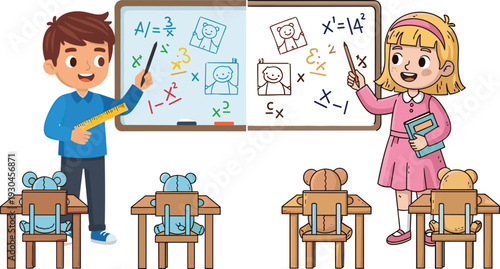 Cartoon kids learning mathematics in classroom with teacher explaining equations on board education concept illustration for school learning activity