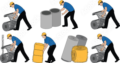 Construction worker installing insulation rolls, industrial labor safety process, thermal insulation material handling, building site workflow illustration detailed professional vector