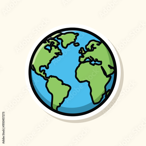 A vibrant cartoon globe sticker showing the Earth, with continents in green, oceans in blue, and a thick black outline, on a cream background