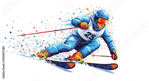 Skier in action with dynamic motion and vibrant colors in a vector graphic illustration