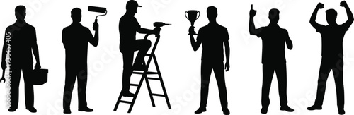 Silhouette illustration of workers and achievers in different poses, mechanic, painter, construction, success celebration, victory concept, teamwork inspiration