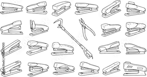 Collection of diverse office staplers, pliers, and a crowbar-like tool illustrated in a seamless black and white line art pattern, perfect for utility and stationery concepts.