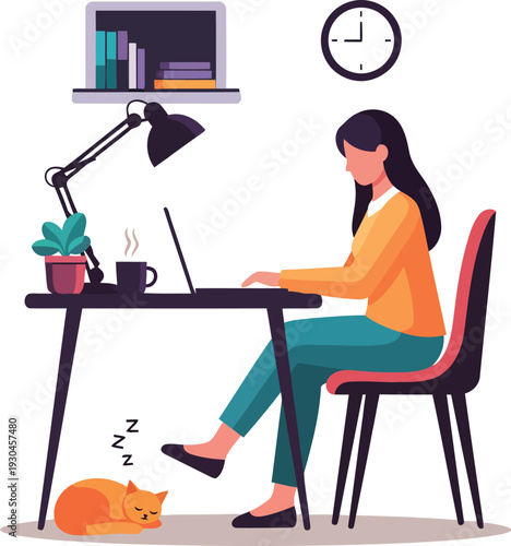 Woman working on laptop at desk with cat