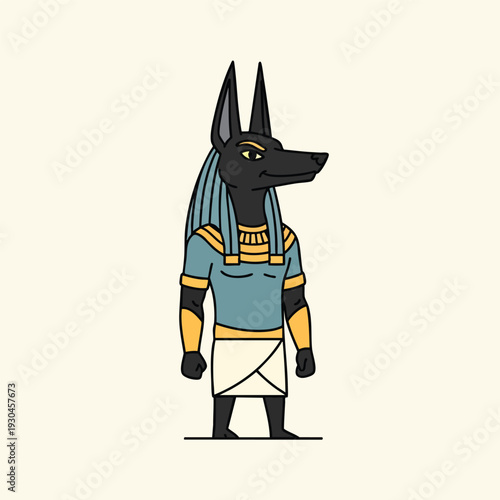 A cartoon depiction of a deity, standing front and center, with the head of a jackal and a human-like body
