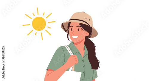 Happy cartoon traveler exploring outdoors on a sunny day with a tote bag