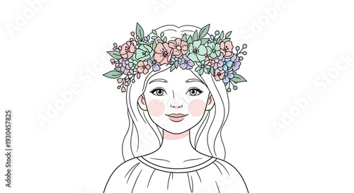 Woman Wearing Floral Crown Illustration.