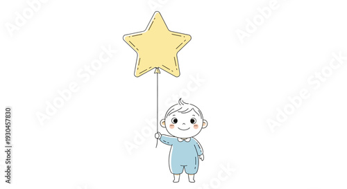Cartoon Child Holding Yellow Star Balloon.