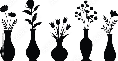 Flower vase silhouettes, floral arrangement vector, botanical clipart illustration, decorative bouquet design icon, nature artwork graphic, garden plant composition art