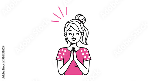 Young woman expressing gratitude or respect with a peaceful gesture and gentle smile