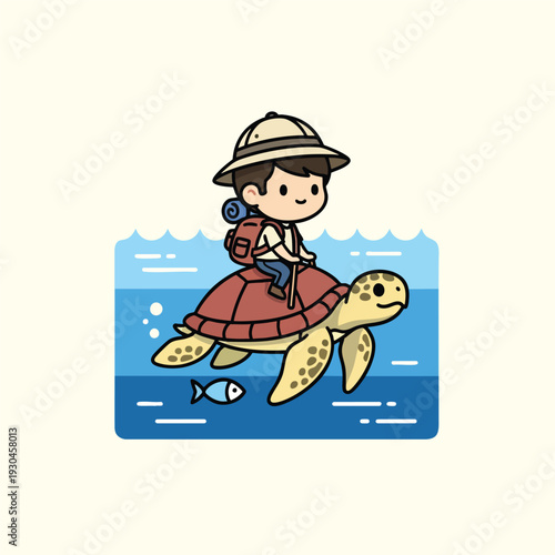 A cartoon traveler wearing a hat and backpack riding on the back of a large sea turtle swimming in water, with a fish