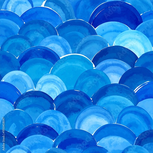 Watercolor fish scales, repeating pattern of shades of blue