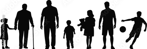 Generational life silhouettes, family growth vector, childhood to elderly clipart, age diversity illustration, parenting design icon, multigenerational people artwork