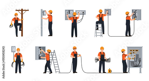 Electricians performing various tasks with electrical equipment and infrastructure