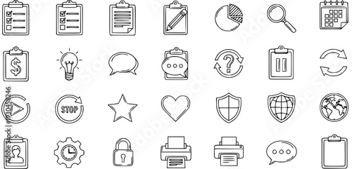 Hand-drawn business and office icons set. Sketch style vector illustrations for communication, productivity, security, and financial concepts.