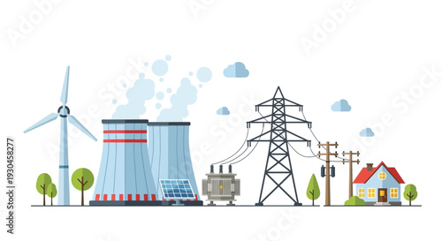 Renewable and traditional energy sources coexist in a landscape illustration