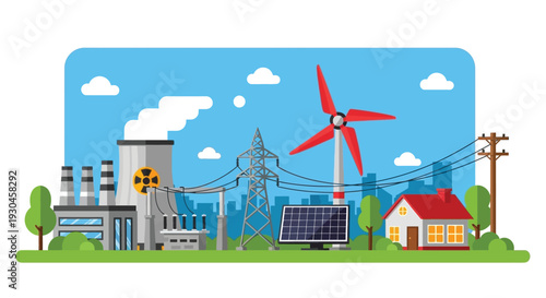 A flat design illustration of a sustainable energy cityscape