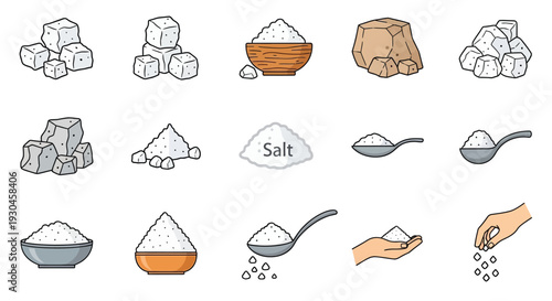 Various depictions of salt crystals piles and being dispensed