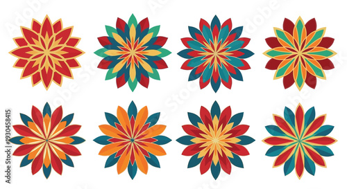 Eight colorful floral designs arranged in a grid pattern