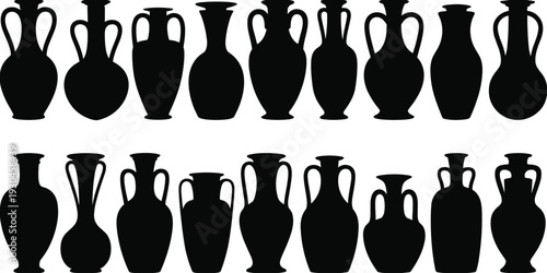 Ancient amphora vase silhouettes collection, classical ceramic pottery shapes set, vintage Greek Roman containers, decorative antique vessel vector illustration