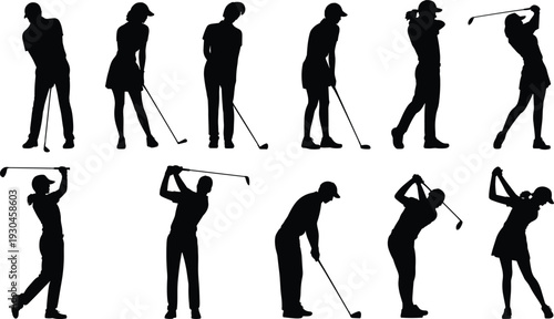 Golf swing silhouettes, golfer vector illustration, sports training clipart, athletic motion design icon, golfing technique artwork, recreation activity graphic