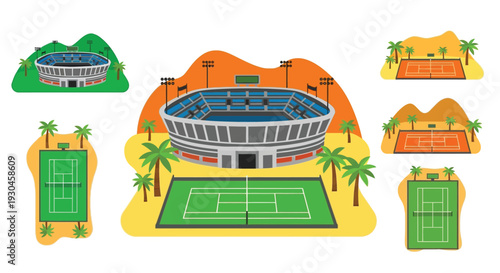 Colorful illustration depicting stadiums and tennis courts with palm trees