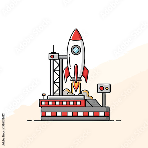 Illustration of a rocket ship blasting off from a launchpad. The red-and-white rocket ascends with flames and smoke, set against a pastel background