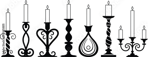 Decorative candle holder silhouettes set, elegant vintage candlesticks collection, classic romantic lighting elements, ornamental candelabra vector illustration isolated design