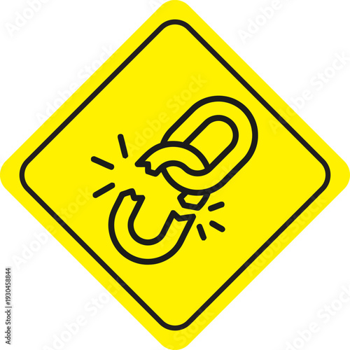 Yellow diamond-shaped warning sign with a broken chain icon indicating mechanical failure or load risk