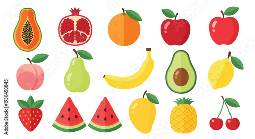 Colorful collection of various fresh fruits arranged in a flat design