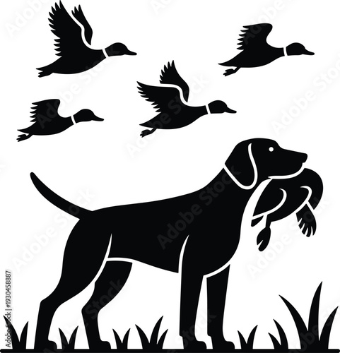 Hunting dog silhouette, duck retriever vector, bird hunting clipart, outdoor sport illustration, wildlife design icon, traditional hunting artwork graphic