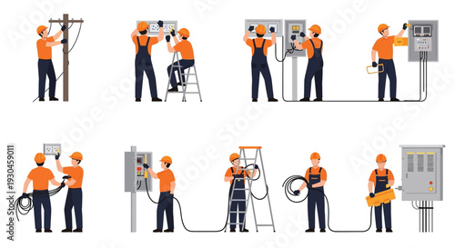 Electricians performing various tasks on power lines and electrical panels
