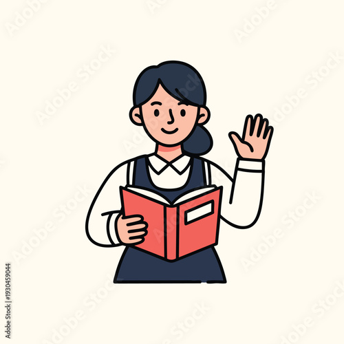 A cartoon illustration of a woman in a formal uniform, holding an open book and raising her hand in a greeting or acknowledgment