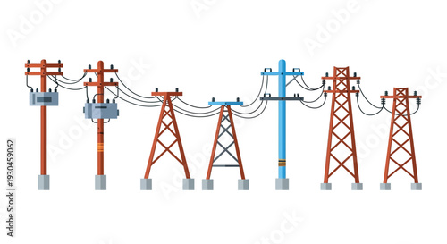 Illustration of electrical power lines and transmission towers against white