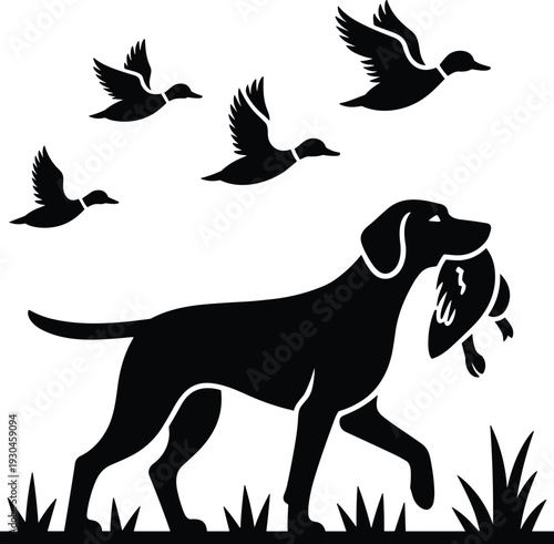 Hunting retriever silhouette, duck hunting vector, bird retriever clipart, outdoor sport illustration, wildlife design icon, traditional hunting artwork graphic