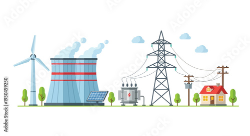 Illustration of renewable and traditional energy sources in a landscape